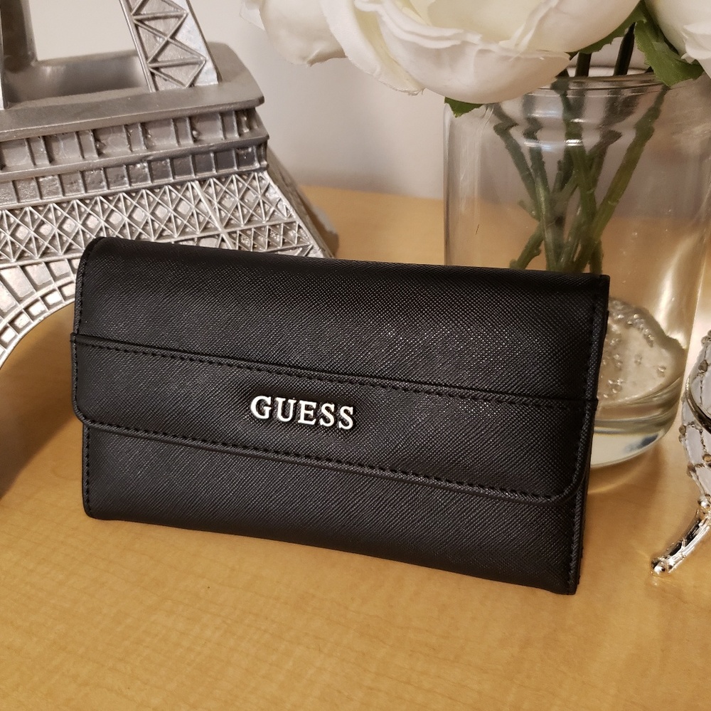 NEW GUESS Saffiano Leather Checkbook Wallet Black